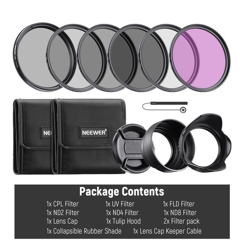 NEEWER 67mm Filter Kit ND2-ND8 UV CPL FLD with Lens Hood Cap & Cleaning Cloth - Picture 9 of 9