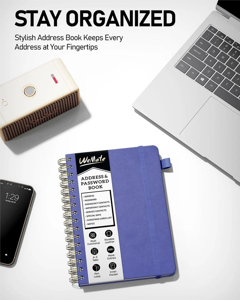 WEMATE Spiral Address Book with Alphabetical Tabs, Leather Password Book, Addres - Image 2 of 4