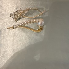 Set of 2 Gold Tone Metal Flower Hair Clips w/ Faux Pearl Rhinestone