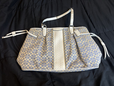 Coach Signature Logo Tote Shoulder Bag Blue Beige White Trim Charm Pockets