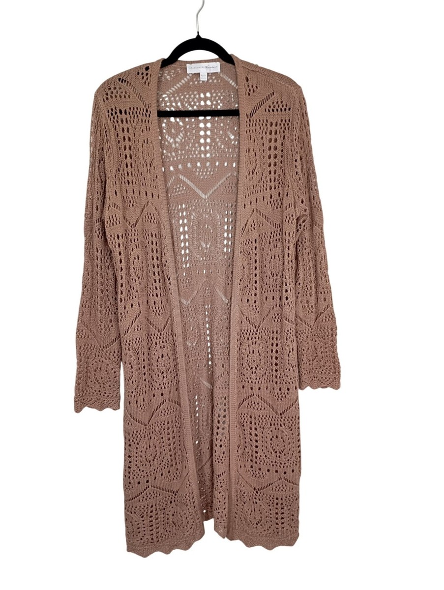 Chelsea & Theodore Tan Open-Front Crochet Cardigan XL Boho