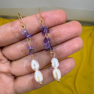 Authentic Natural Freshwater Pearl Earrings 14K Gold Plated & Purple Crystal Long Drop