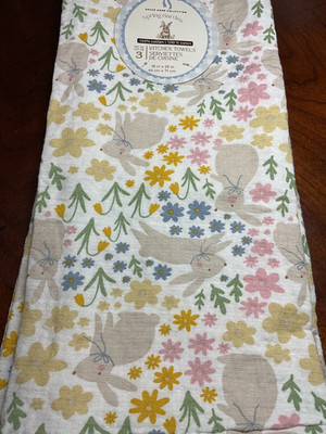 DREAM HOME KITCHEN TOWELS (3) BUNNY RABBITS FLOWERS GOLD BLUE 18 X 28 COTTON NIP