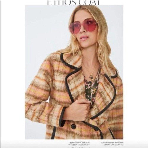 CABI Ethos Coat in Rust Orange Camel Brushed Plaid with Vegan Leather Pipe LARGE - Picture 2 of 6