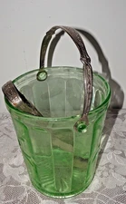 1920 1930 Green Depression Glass Acid Etched Ice Bucket Barware & Matching Tongs