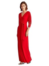NWT Lauren Ralph Lauren Jersey Maxi Dress Orient Red Size 4 Tie Waist 3/4 Sleeve