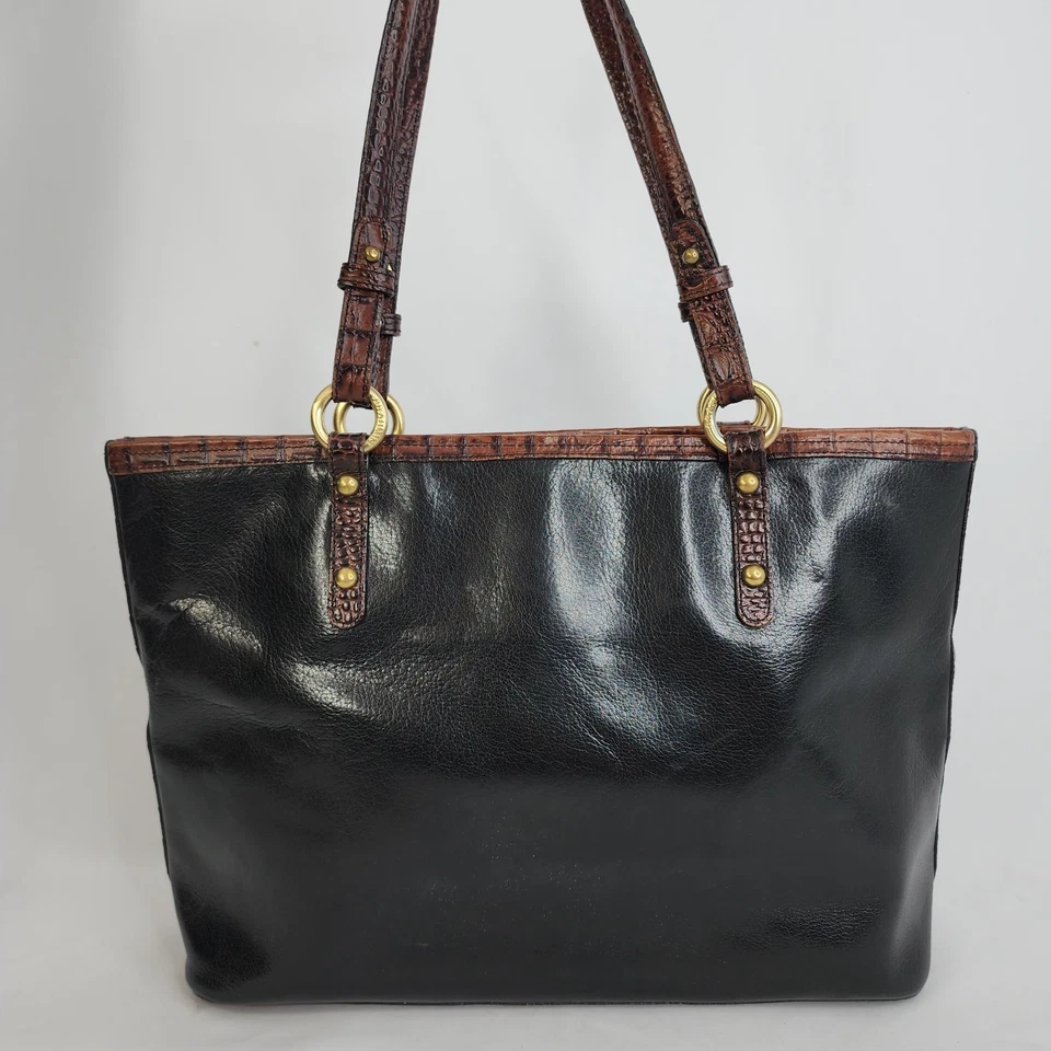 Brahmin Tote Shoulder Bag Black Brown Croc Embossed Leather Satchel Golden H - Image 2 of 4