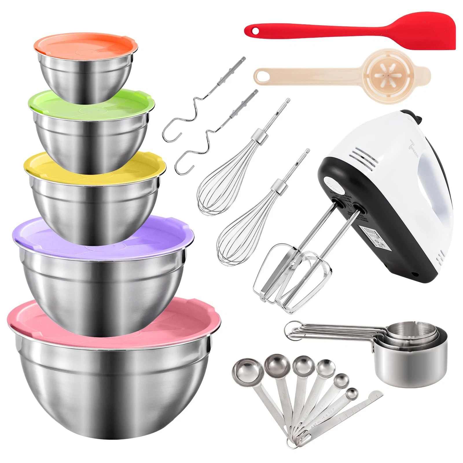 7Speed Electric Hand Mixer,5 Large Mixing Bowls Set,Handheld Mixers with Whis...