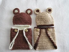 2-PC. CROCHETED PREEMIE BABY DIAPER COVER AND HAT SET BEAR HAT