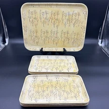 Vtg Pressed Paper Mache Lacquered Snack Tray Set Japan Acme Ware Art Deco Trees