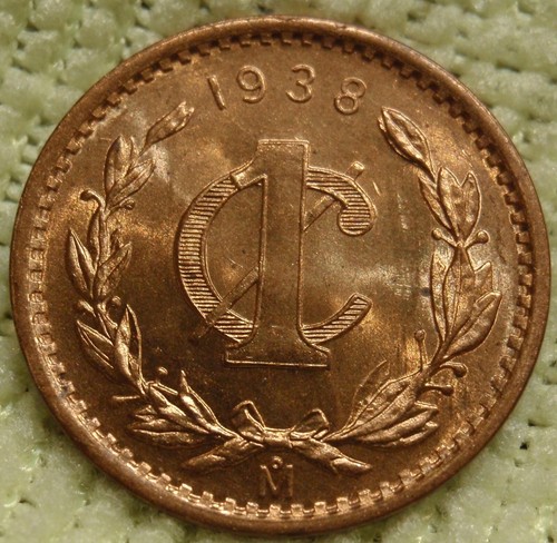 1938 Unc BU Red Coin 1 One-Centavo, Mexico City Bronze, KM:415 Scarce Condition! - Picture 2 of 2