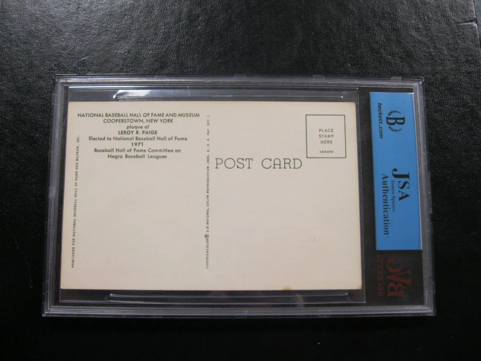 Satchel Paige Autographed HOF Plaque Postcard Encaps Beckett JSA Certified  - Image 4 of 4