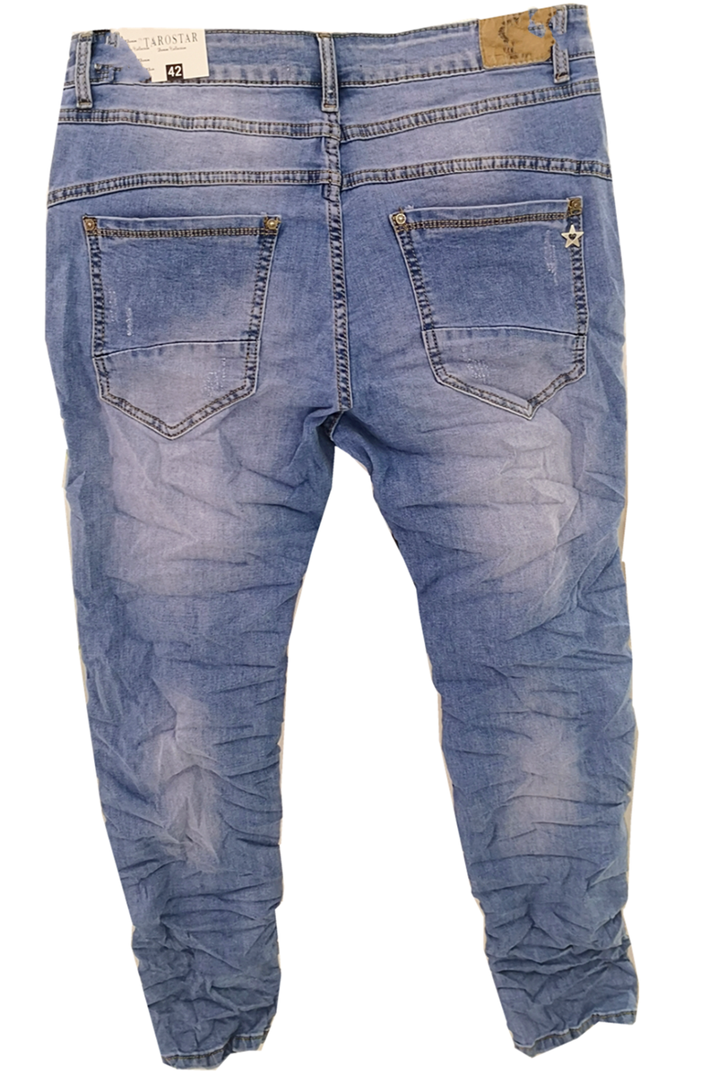 KAROSTAR Damen Jeans Baggy Denim Flicken Risse stretch hell Blau