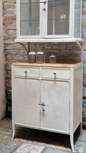 Credenza / Vetrinetta Medica Vintage in Ferro, Top in legno e Vetro | Anni '50 - Foto 3 di 13