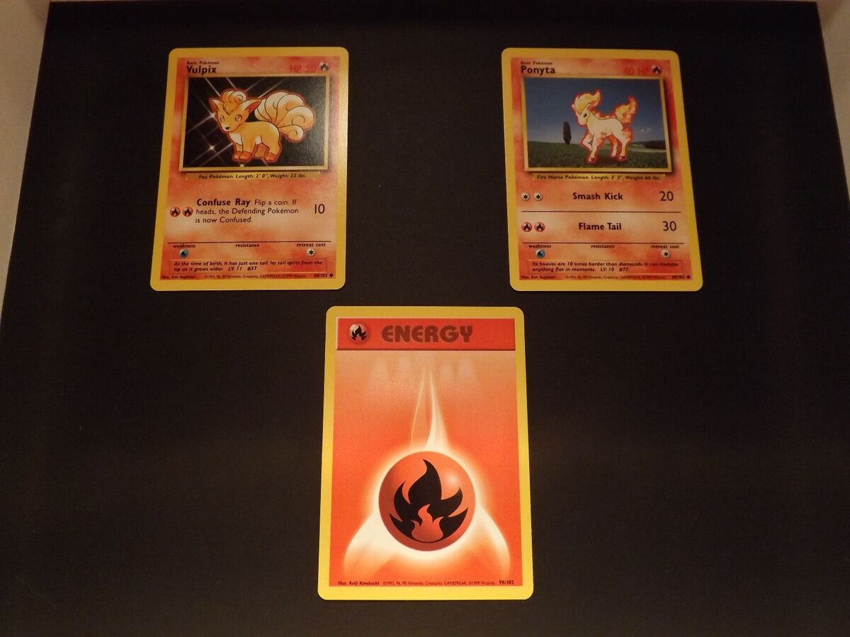 Original Base Set Pokemon Cards Vulpix, Ponyta and Fire Energy