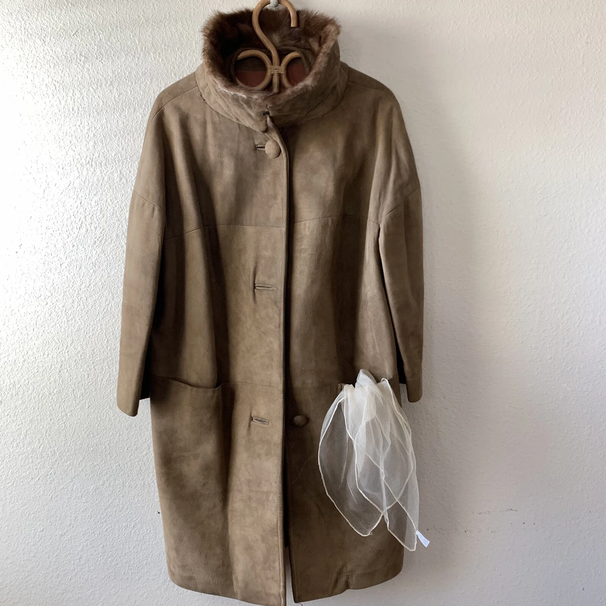 Vintage 1940s 50s Suede Leather Car Coat Fur Trim Jacket Hollywood