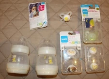 Lot of 2 MAM 4.5 oz Anti Colic Baby Bottles no BPA + 7 Orthopedic Pacifiers NWOT