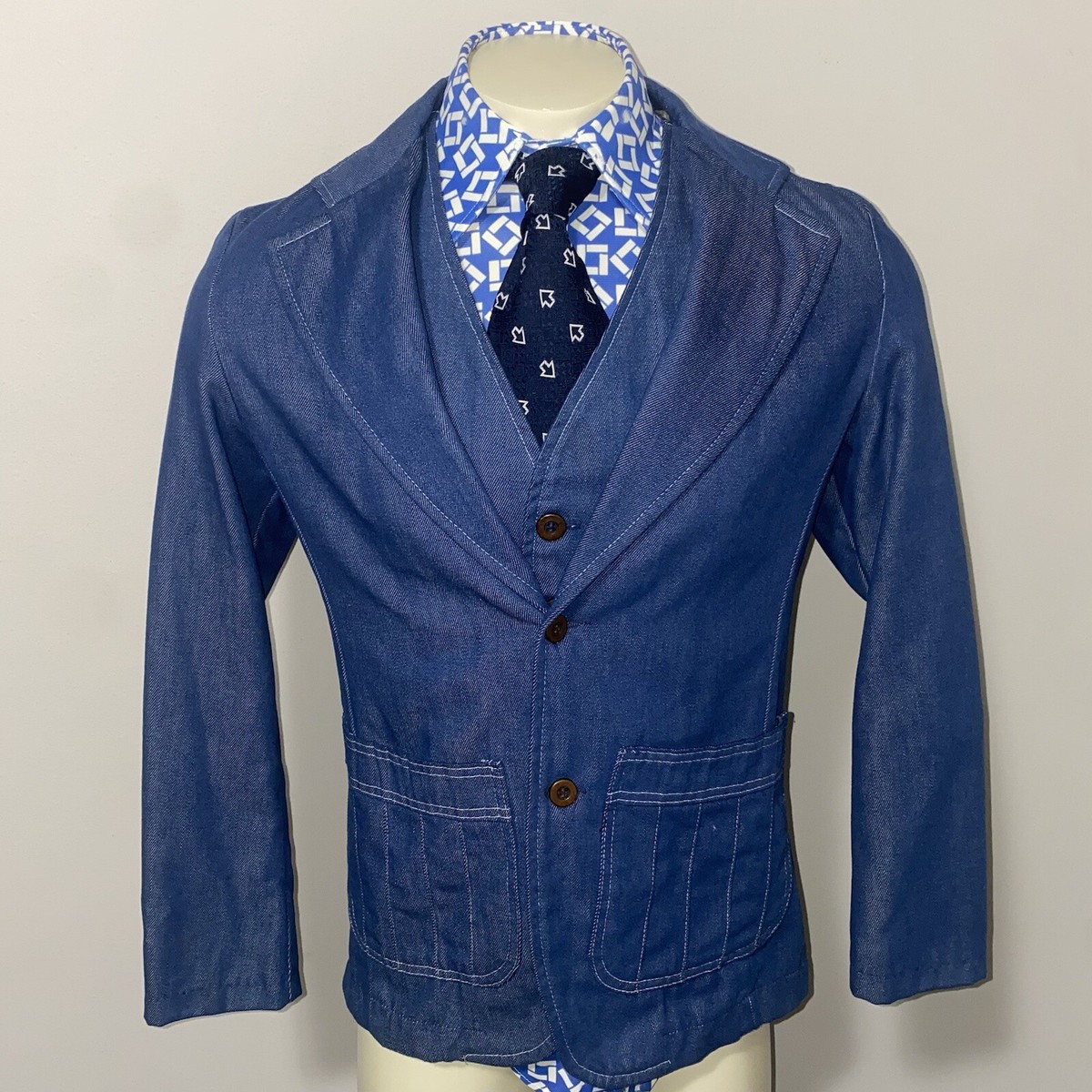 Vtg 60s 70s Mens Denim 2 Piece Suit Jacket Blazer Coat Vest Blue 