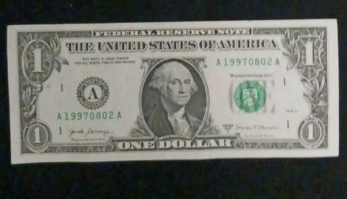 $1 Dollar Bill Fancy Serial Number Birthday Note August 02, 1997. A19970802A - Picture 2 of 3