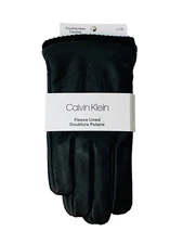 Calvin Klien Black Faux Leather Fleece Lined Gloves Touchscreen LG & XL NWT