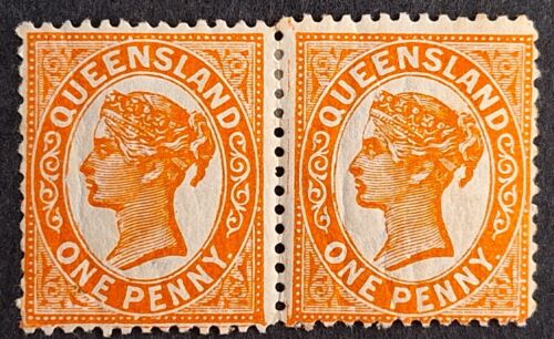 1895 Queensland Australia Pair 1d Orange red 3rd Sideface stamps P12 1/2,13 Mint - Photo 1/2