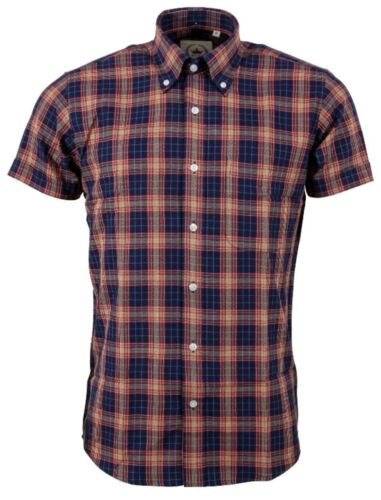 Camisa a Cuadros Relco Para Hombres Azul Manga Corta Cuello Abotonado Tartán Retro De Colección - Imagen 2 de 10
