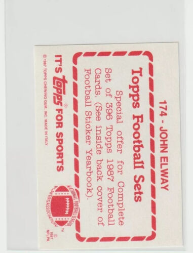 1987 Topps Sticker #174 John Elway DENVER BRONCOS FREE SHIPPING - Picture 2 of 2