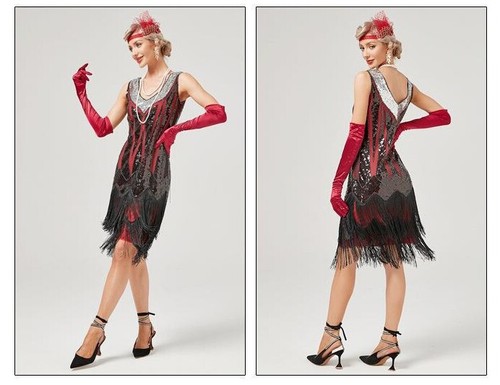 Deluxe Ladies 20s 1920s Roaring Flapper Costume Sequin Gatsby Red Fancy Dress - Picture 4 of 8