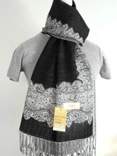 Women's Pashmina Scarf Shawl,Paisley,White Black Silk.Cashmere.Soft  