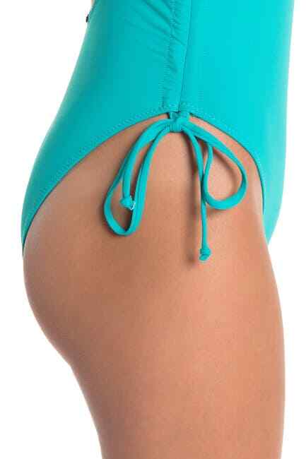 Kendall + Kylie Swimsuit One Piece Side Rouche Tie Aqua KKSA