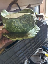 Vintage Holland Mold Cabbage 2 Piece Green Ceramic Bowl