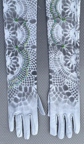 "Guantes de longitud de ópera Phantomoshop Phandex plateado con cuentas a mano 20"" de largo adulto L" - Imagen 1 de 13