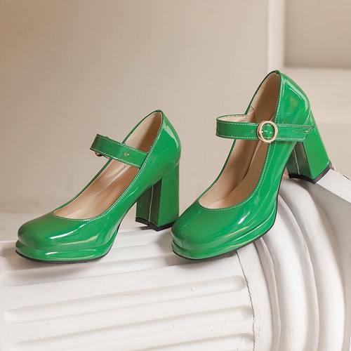 Women's High Block Heel Mary Jane Pumps Patent Leather Square Toe Platform Shoes - Picture 12 of 43