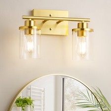 2 Light Gold Bathroom Vanity Light Clear Glass Shades Modern Wall Sconce
