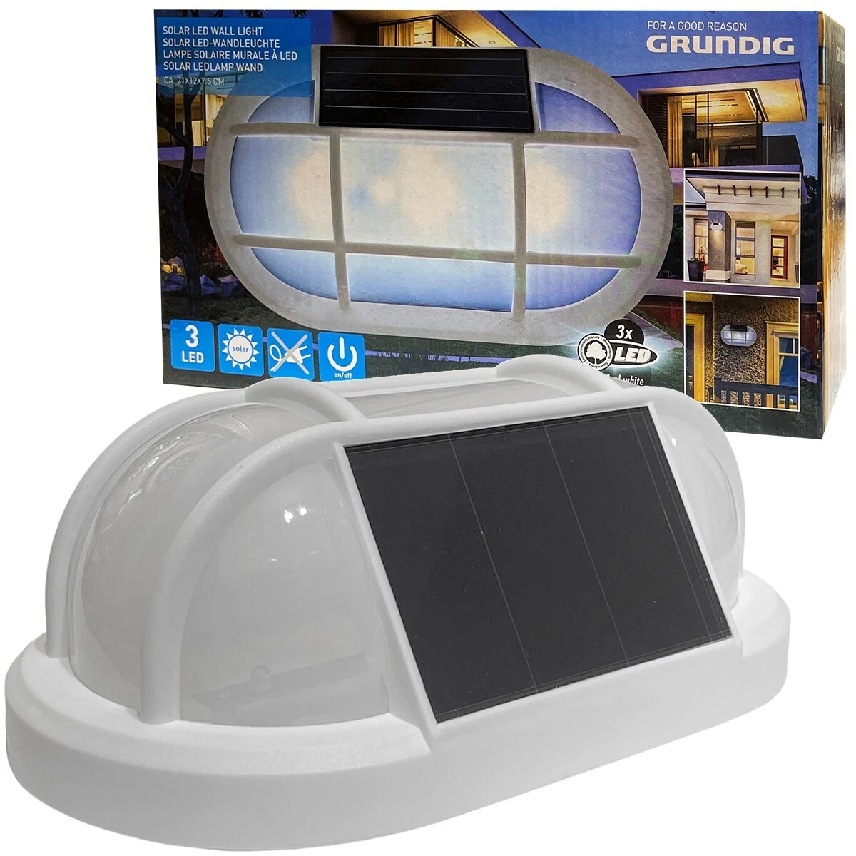 Grundig Solar Wall Light with LED Plastic White Garden Patio Outdoor Lighting