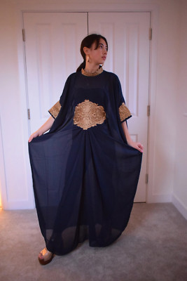 Morrocan Kaftan Navy Abaya Bohemian Dress Stickkleid One Size S bis XXL One