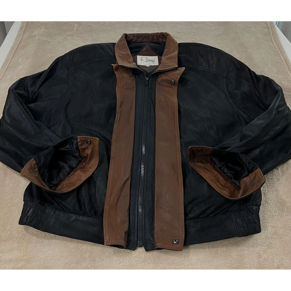 Chaqueta de cuero Remy para hombre talla 46 negra marrón bombardero hecha en EE. UU. Foto 4 de 4