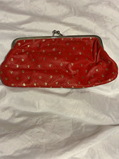 VTG Italian leather kiss lock clutch coin purse red gold fleur de lis