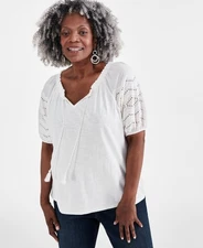 Style & Co Plus Size Eyelet Puff-Sleeve Split-Neck Cotton Top, Neo Natural, 1X