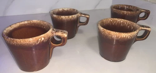 Set of 4 Vintage Hull Pottery Oven Proof USA Brown Drip Glaze Coffee Mugs Cups