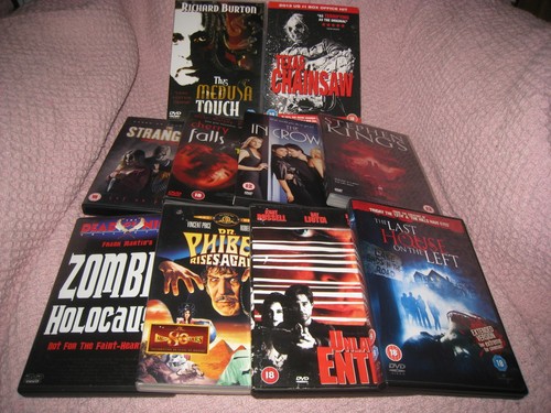 JOB LOT OF 10 USED HORROR THRILLER UK DVD'S INC TEXAS CHAINSAW AND CHERRY FALLS.