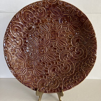 Handmade Studio Art Pottery Stoneware Bowl Textured Lace Pattern 12.5 