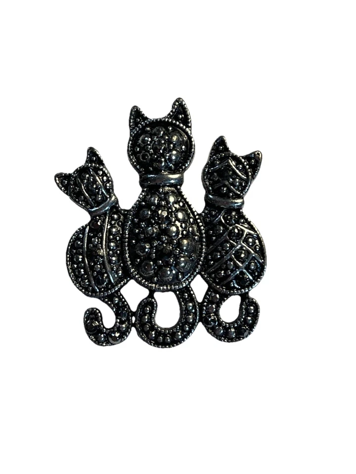 3 Cats Kitty Pin Brooch Black Cat Silver Tone Pewter Marcasite Rhinestones Gift - Image 2 of 4