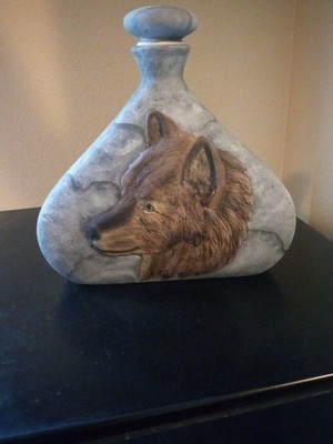 Wolf Hand Painted Ceramic Decanter Pottery Vase With Top