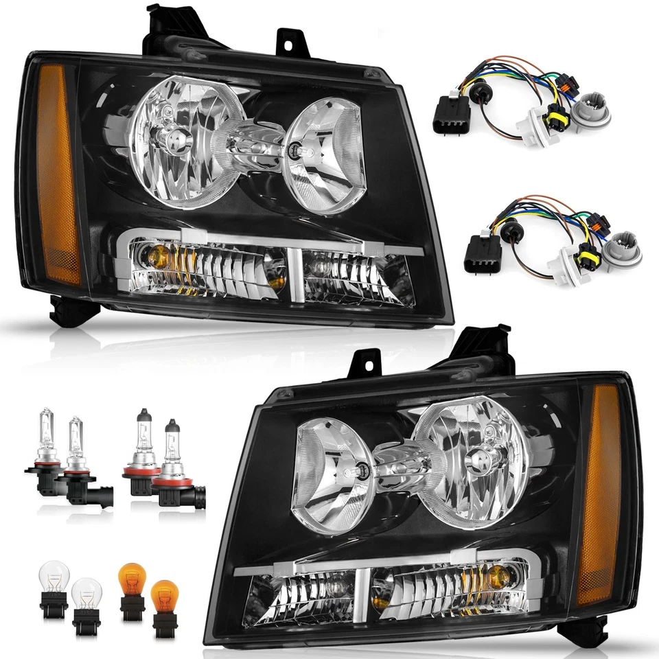 Chrome Headlights For 2007-2014 Chevy Suburban Tahoe Avalanche W/Bulbs L+R Pair Foto 2 de 3