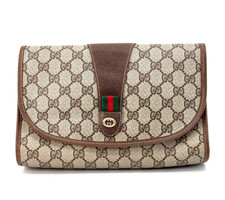 Vintage GUCCI Clutch Bag Sherryline GG PVC Leather Brown Purse Authentic