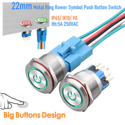 22mm Ring Power Symbol Illuminated Stainless steel Anti-vandal Push Button CE UL