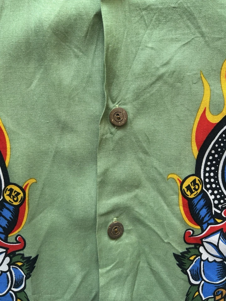 Camisa Mambo Loud Jim Mitchell Hombre Ruina Verde Talla Pequeña En muy buena condición De Colección Foto 3 de 4