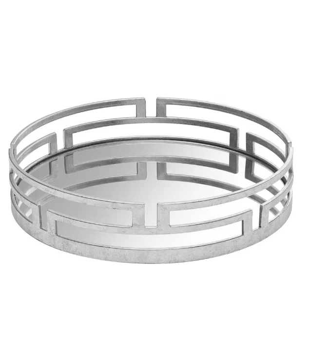 Modern Round Silver Geometric Mirrored Tray (15" Diameter) - Image 3 of 4