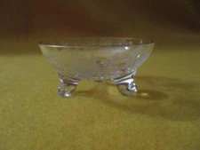 Clear Glass Round Etched Floral Footed Open Salt Cellar with Gold Edge Excellent